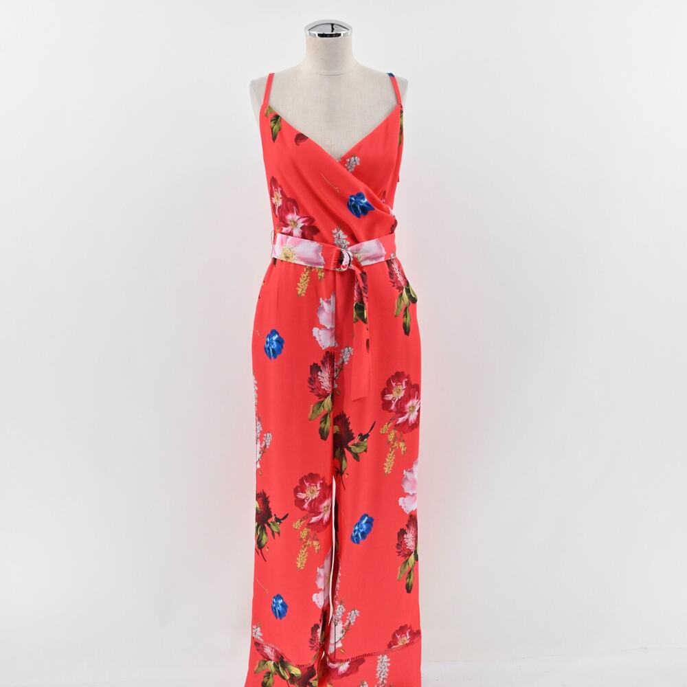 TED BAKER Jumpsuit‎ Womens Size S Piiper Wrap Belted Berry Sundae Red Floral
